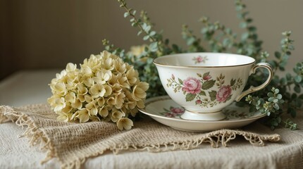 Fototapeta premium Vintage teacup with roses and hydrangea on linen cloth