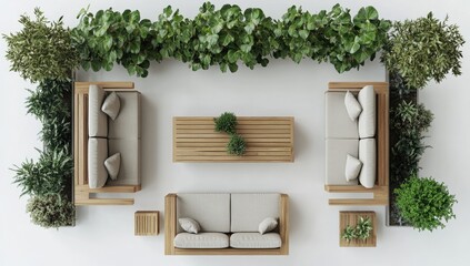 Top-down view of a light-colored wooden outdoor furniture set surrounded by lush green plants in planters
