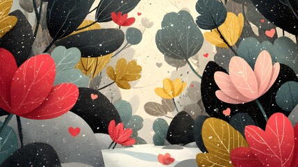 A whical winter wonderland scene features stylized flowers and trees with falling snow and hearts...