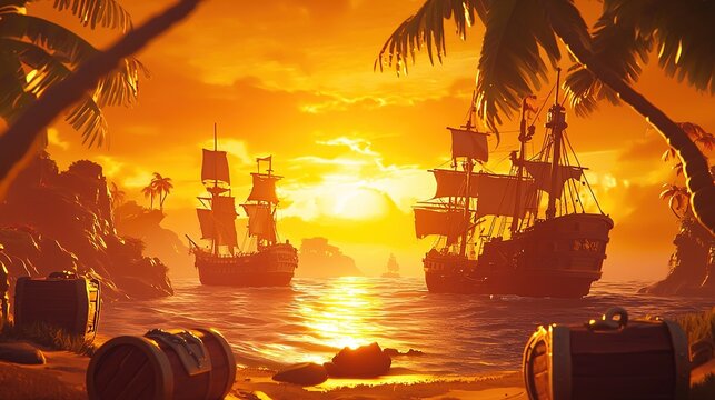 Two majestic sailing ships at sunset, anchored near a tropical beach with palm trees, chests, and rocky formations.  The warm, orange hues of the sky reflect on the calm water