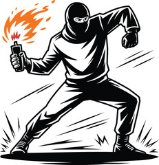 A man swings a Molotov cocktail in a throwing motion. Vector illustration on the theme resistance confrontation revolution. In vector art style