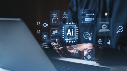 Human hand interacting with artificial intelligence icons and interface on a digital transparent screen in futuristic technology concept environment.