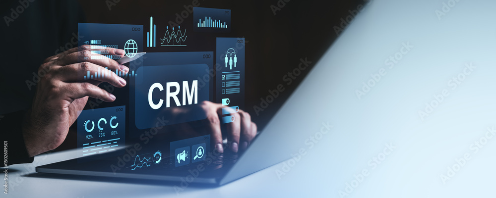 Poster businessperson using crm software interface with digital analytics and charts on laptop screen in fu