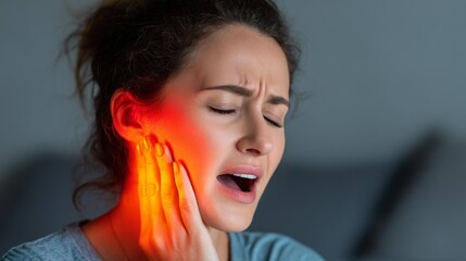 Real Woman Caught Mid-Yawn Holding Her Jaw in Pain While Experiencing Discomfort at Home