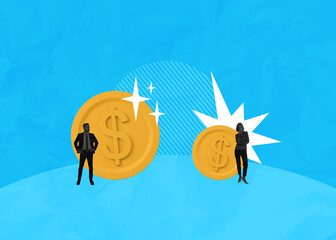 Gender pay gap concept with businessman and businesswoman standing beside unequal golden coins on bright abstract blue background.