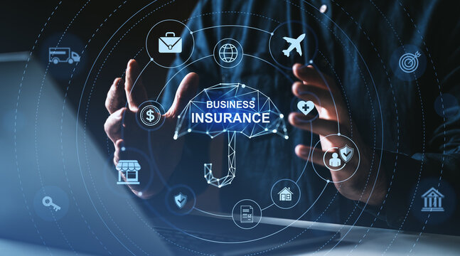 Business insurance concept with glowing umbrella and icons representing financial and commercial protection in modern digital interface on dark background.