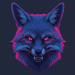 A neon-glowing fox head with cyberpunk-style augmentations stares fiercely with pink eyes against a dark background.