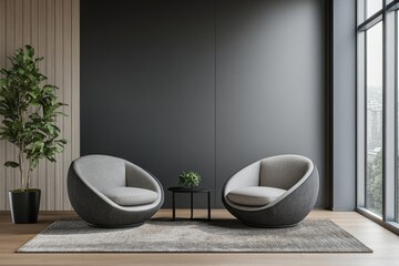 Modern, minimalist living room with two rounded armchairs