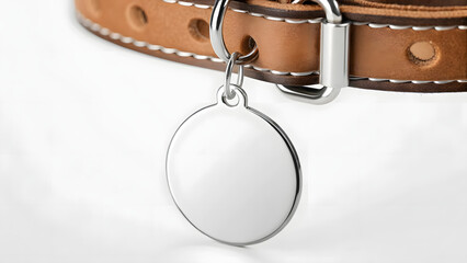Close up mockup of shiny round dog name tag on tan leather harness strap with detailed stitching and chrome ring, isolated on clean backdrop