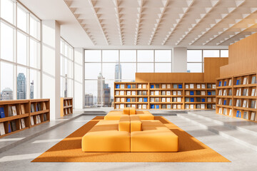Modern library interior with orange seating and wooden bookshelves in a spacious room with city views through large windows. 3D Rendering. 3D Rendering © ImageFlow