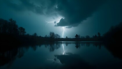 lightning in the night over the lake