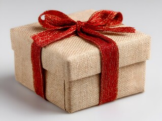 A beautifully wrapped beige gift box with a vibrant red ribbon bow sits perfectly on a plain white background.