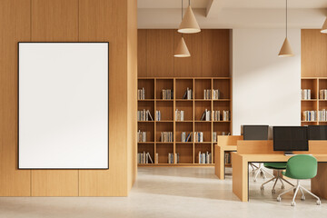 Fototapeta na wymiar Blank poster mockup on wooden wall in modern library interior with bookshelves and computer desks in soft daylight environment. 3D Rendering