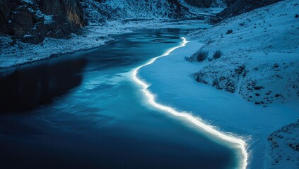 Fototapeta premium Frozen river, icy glow, winter landscape