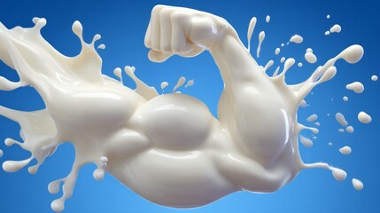 Hyper-Realistic 3D Rendering of Muscular Human Arm with Milk Splash on Vibrant Blue Background
