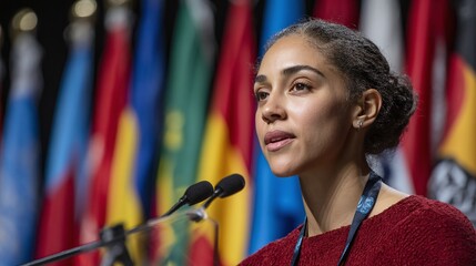Woman Speaking at International Forum: A speaker addresses an audience at a conference with flags of diverse nations in the backdrop.
