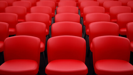 Fototapeta premium Red auditorium chairs arranged in neat rows create vibrant and inviting atmosphere