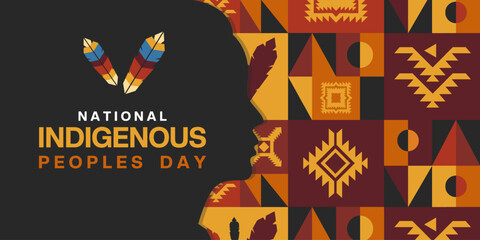 National Indigenous Peoples Day. Feathers, human and ornament. Suitable for posters, banners and social media. Black background.