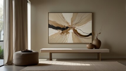 Beige, abstract art hangs above a light-colored bench in a modern space