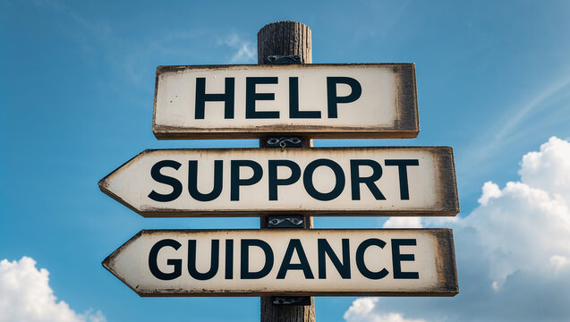 Signpost offering help, support and guidance under blue sky