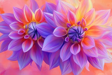 Obraz premium Close-up of two vibrant dahlias in shades of pink, orange, and purple, against a soft peach background