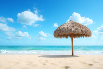 thatched umbrella on a sandy beach next to the ocean