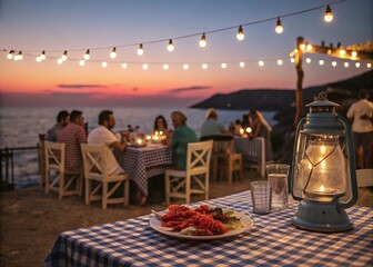 Romantic Seaside Dinner with String Lights and Lantern