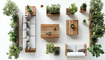 Overhead view of light-toned wooden patio furniture and greenery