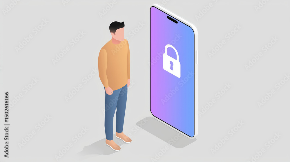 Poster user standing in front of smartphone displaying lock symbol representing digital security and privac