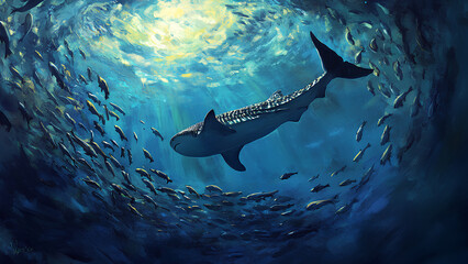 Whale Shark Silhouette Swimming Amidst School of Fish Under Sunlit Water