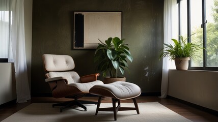 Fototapeta premium Modern minimalist living room with cream armchair and ottoman