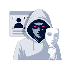 The scammer is holding a mask. Identity theft through digital impersonation and stolen profiles. Cybercriminal hides behind fake mask to exploit user information. Online fraud 