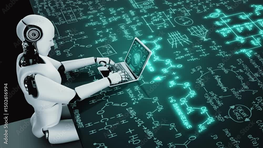 Poster robot hominoid use laptop and sit at table for engineering science studying using ai thinking brain 
