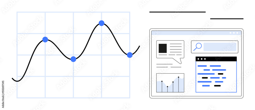 Poster line graph with data points and a digital dashboard featuring search bar, text blocks, and small cha
