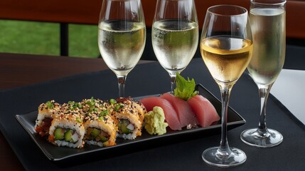 Delicious Sushi and Sashimi Platter with Wine Glasses Perfect for a Luxurious Dinner