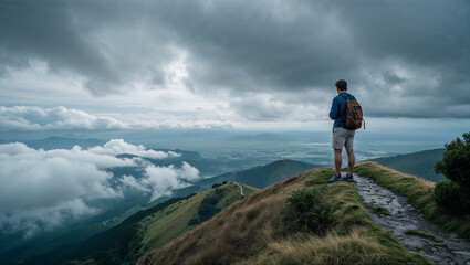 Fototapeta premium Adventurer enjoying scenic mountain view amidst dramatic clouds