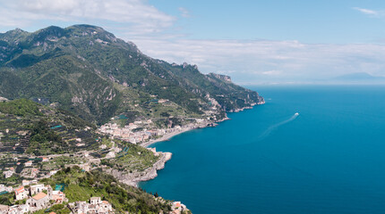 Ravello, Italy - April 27, 2025: Amalfi Coast, view from the garden terrace of Villa Rufolo in the town of Ravello.