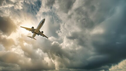 Naklejka premium A commercial airplane climbs through the clouds, symbolizing progress and human ambition in aviation.