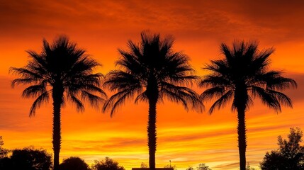 Three Silhouetted Palm Trees at Sunset Tropical Vibrant Orange Sky Scenic View