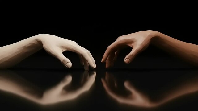 Two hands reaching towards each other, symbolizing connection and unity against a dark background