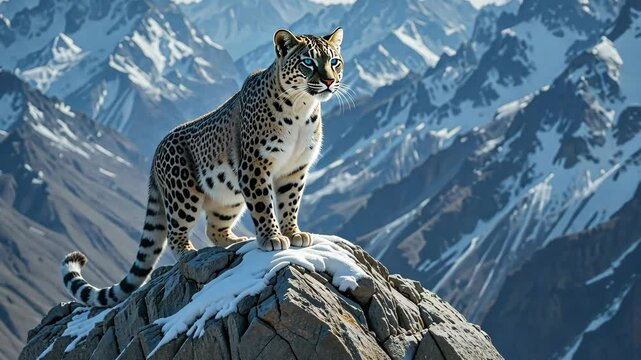 Snow leopard standing on rocky ledge with snow-covered mountains in the background under clear sky. Concept of wildlife and survival in harsh nature