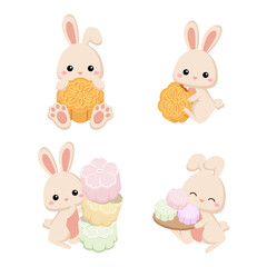 Cute rabbit with moon cake celebrating Mid autumn festival clip art