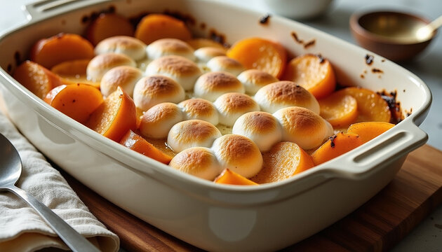 baked yams with marshmallows. Delicious baked yams, marshmallows topped in white ceramic dish thanksgiving holiday dinner
