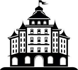 Fototapeta premium Monochrome majestic structure with flag, arches, windows, and distinct tower design vector silhouette