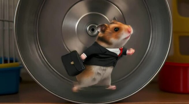 Business Hamster in Suit Running on Wheel &ndash; Corporate Rat Race Concept of Work Stress and Burnout