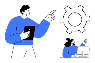 Professionals discussing workflow improvements, with one pointing at a gear and another analyzing on a monitor. Ideal for teamwork, problem-solving, leadership, collaboration, innovation, planning