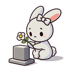 Cartoon White Rabbit Offering Flower at Tombstone in Memory of Loved One