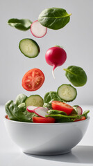 Fresh salad bowl with spinach, radish, cucumber, and tomato slices flying above bowl, creating vibrant and healthy meal