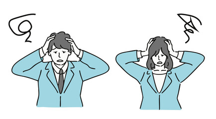 頭を抱える男女のビジネスマンのイラスト(ストレス 苦悩 悩み ガーン がっかり ベクター 編集可能)	