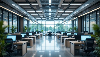 A modern, spacious office features rows of desks and large windows offering natural light inside.